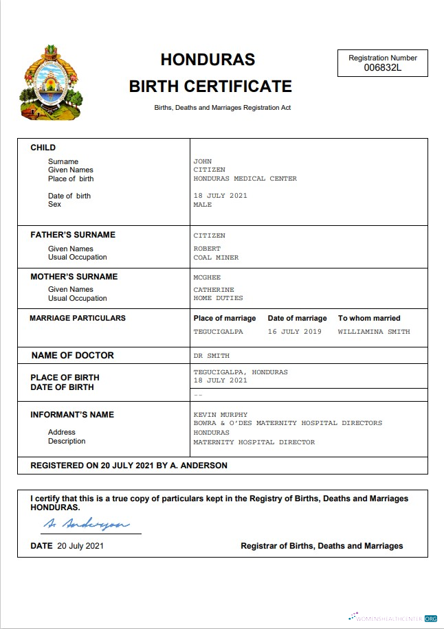 Download Honduras birth certificate Word and PDF template Photoshop template